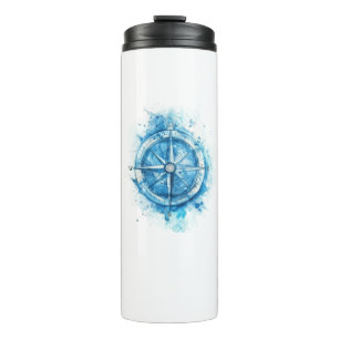 Splashed Compass - blauwe artistieke waterkleur Thermosbeker