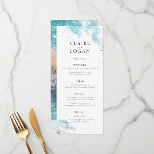 Splashing Blue Waves Coastal Wedding Menu (Voorkant / Achterkant in situ)