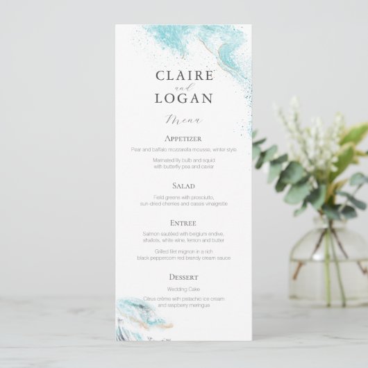 Splashing Blue Waves Coastal Wedding Menu (Staand voorkant)