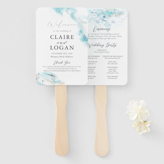 Splashing Blue Waves Coastal Wedding Program Handwaaier (Voorkant en achterkant)