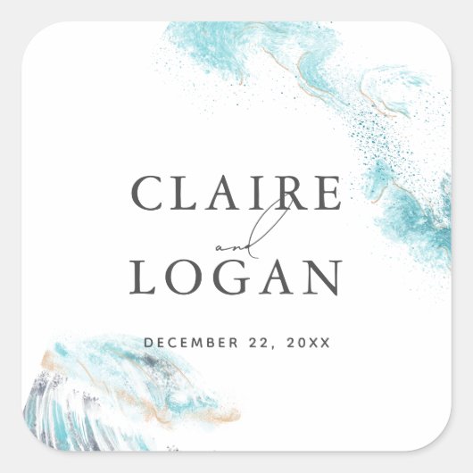 Splashing Blue Waves Coastal Wedding Vierkante Sticker (Voorkant)