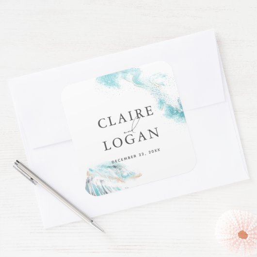 Splashing Blue Waves Coastal Wedding Vierkante Sticker (Envelop)