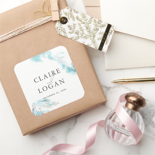 Splashing Blue Waves Coastal Wedding Vierkante Sticker (Geschenken)