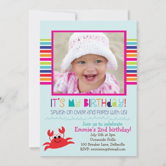 Splashing Crab Summer Birthday Party (Meisjes) Kaart (Voorkant)