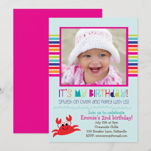 Splashing Crab Summer Birthday Party (Meisjes) Kaart (Voorkant / Achterkant)