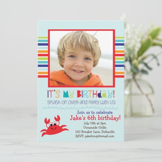 Splashing Crab Summer Birthday Party Uitnodiging (Staand voorkant)
