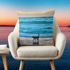 Splashing Dog op Sunset Beach Gesimuleerde Waterve Kussen