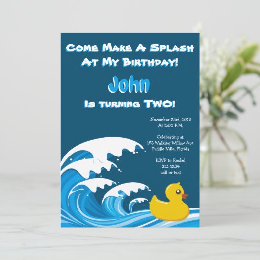 Splashing Duck Uitnodiging voor 2e verjaardagsfees (Staand voorkant)