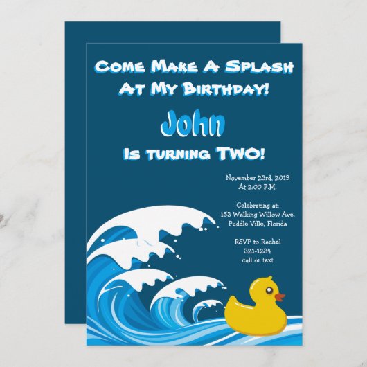 Splashing Duck Uitnodiging voor 2e verjaardagsfees (Voorkant / Achterkant)
