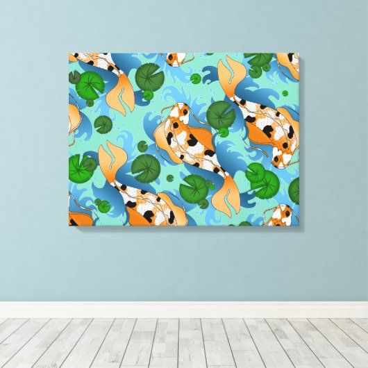 Splashing Koi Fish and Pond Lilies Canvas Afdruk (Insitu (Houten vloer))