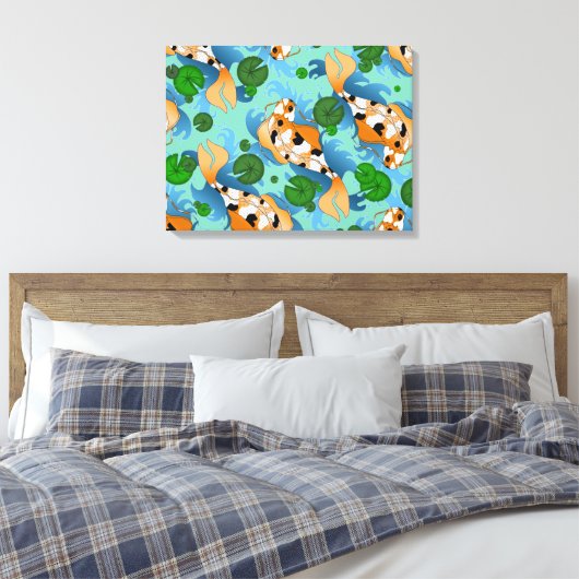 Splashing Koi Fish and Pond Lilies Canvas Afdruk (Insitu (Slaapkamer))