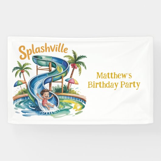 Splashville Water Slide Boy Verjaardagsfeestje Spandoek (Horizontaal)