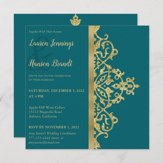 Splashy Gold Elegance Wedding Uitnodiging (Voorkant / Achterkant)