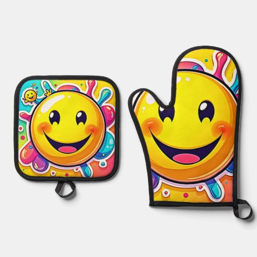 Splashy Happy Emoji Fun Ovenwant & Pannenlap Set (Voorkant)