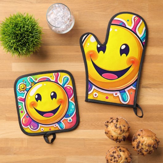 Splashy Happy Emoji Fun Ovenwant & Pannenlap Set (Top down)