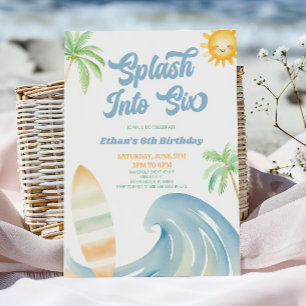Splasj in Zes Strand Surf Blauwe 6de Verjaardagsfe Kaart