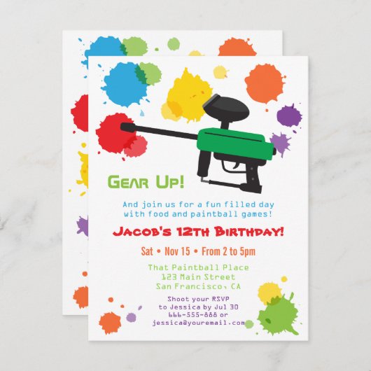Splat Paintball Kinderverjaardagsfeest Uitnodiging (Voorkant / Achterkant)