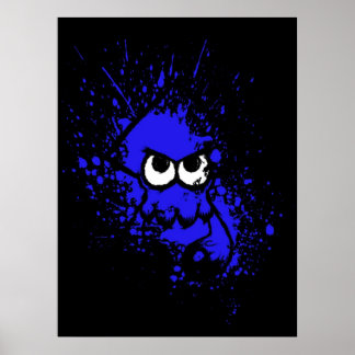 Splatoon Black Squid met blanco ogen op blauw plat Poster