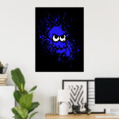 Splatoon Black Squid met blanco ogen op blauw plat Poster (Thuiskantoor)