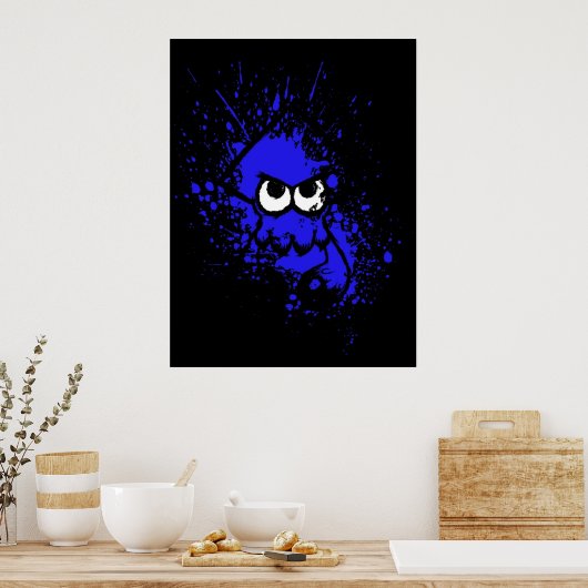 Splatoon Black Squid met blanco ogen op blauw plat Poster (Keuken)