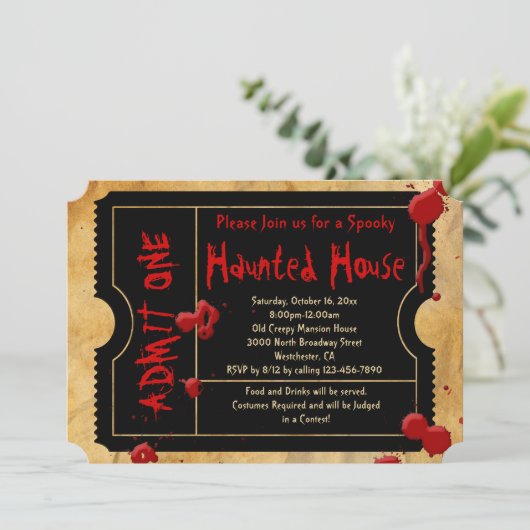 Splatter Haunted House Party Ticket Kaart (Staand voorkant)