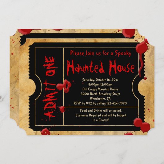 Splatter Haunted House Party Ticket Kaart (Voorkant / Achterkant)