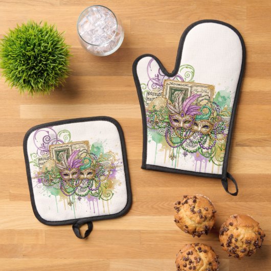 Splatter Mardi Gras collage Ovenwant & Pannenlap Set (Top down)