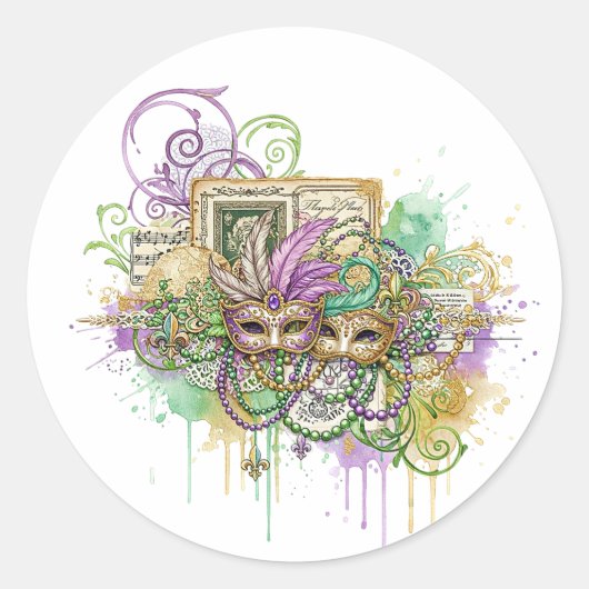 Splatter Mardi Gras collage Ronde Sticker (Voorkant)