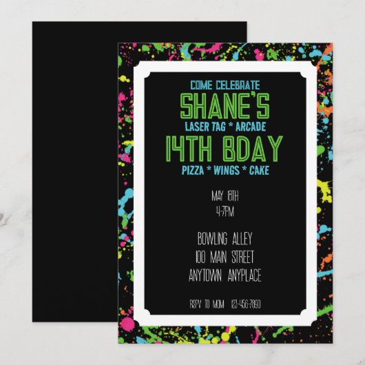 Splatter Paintball Verjaardag Uitnodiging (Voorkant / Achterkant)