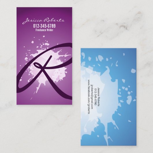 Splatter Script Monogram Paarse Visitekaartje (Voorkant / Achterkant)