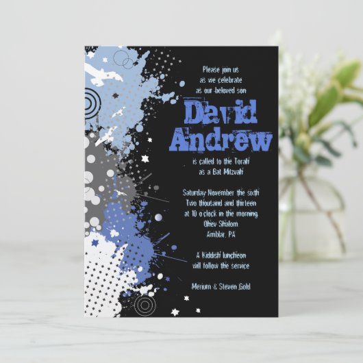 SPLATTERED Bar Bat Mitzvah Uitnodiging (Staand voorkant)