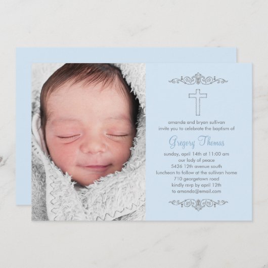 Splendid Cross Photo Baptism Uitnodiging - Blauw (Voorkant / Achterkant)