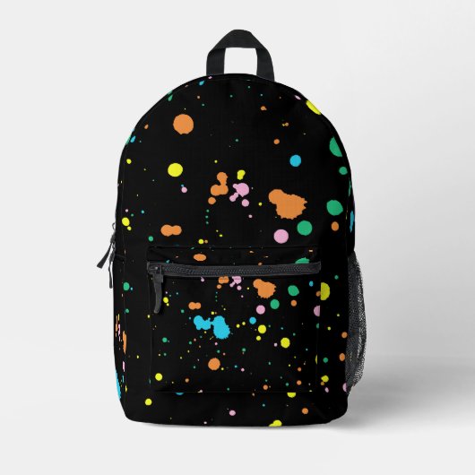Spletters op zwart verven bedrukte rugzak (Voorkant)