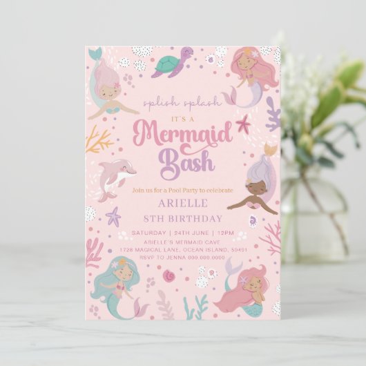 Splish Splash 8e verjaardag Zeemeermin Uitnodiging (Staand voorkant)