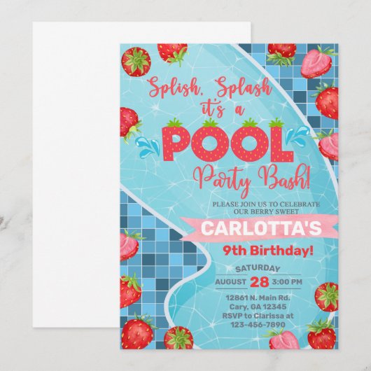 Splish splash aardbeien zwembad party uitnodiging. kaart (Voorkant / Achterkant)