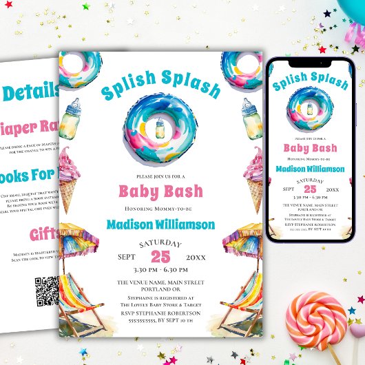 Splish Splash Baby Bash Summer Baby shower QR-code Kaart