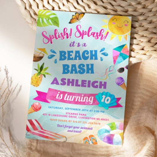Splish Splash Beach Birthday Party Invitation Kaart
