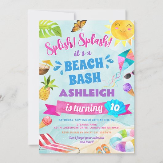 Splish Splash Beach Birthday Party Invitation Kaart (Voorkant)