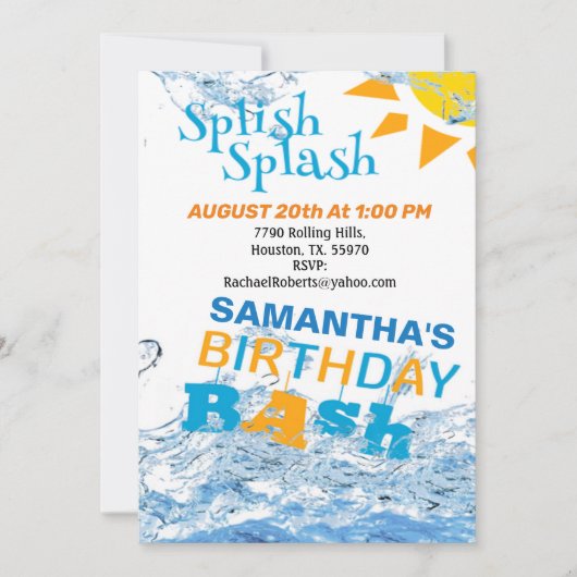 Splish Splash Birthday Bash Pool Party Invitation Kaart (Voorkant)