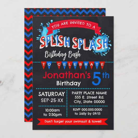 Splish Splash Birthday Bash Rood Wit Blauw Kaart (Voorkant / Achterkant)