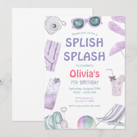 Splish Splash  Birthday Girl's Pool Party Kaart (Voorkant / Achterkant)