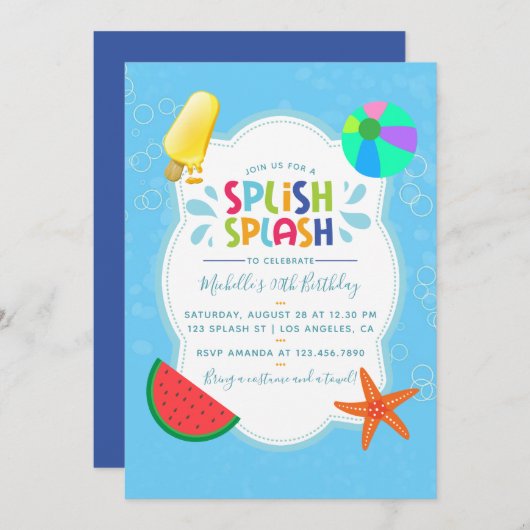 Splish Splash Birthday Party Invitation Kaart (Voorkant / Achterkant)