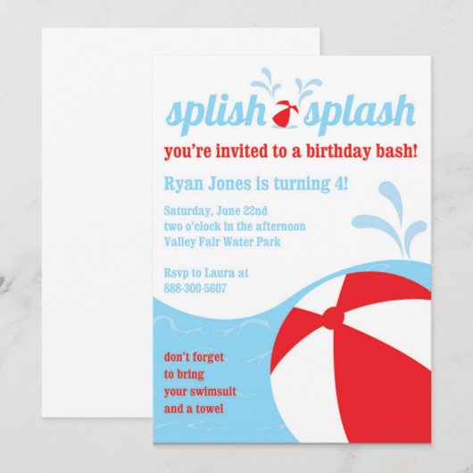 Splish Splash Birthday Pool Party Invitations Kaart (Voorkant / Achterkant)