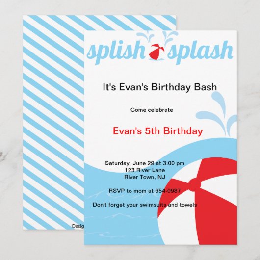 Splish Splash Birthday Pool Party Invitations Kaart (Voorkant / Achterkant)