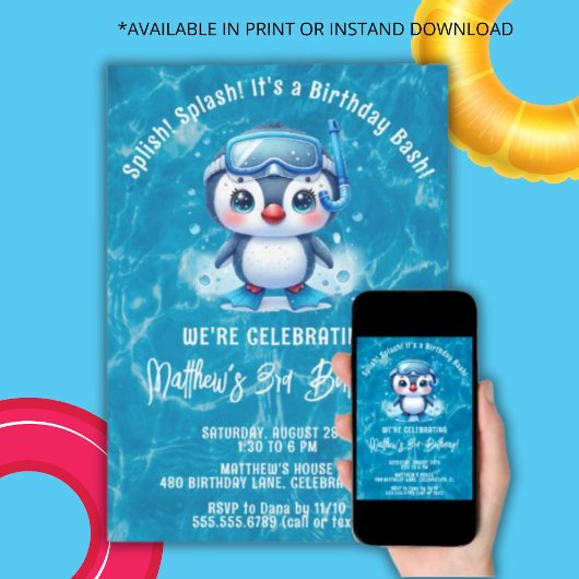 Splish Splash Boy Penguin Zwembad Verjaardagsfeest Kaart