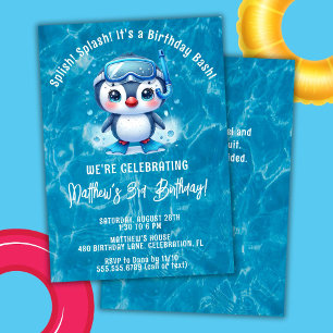 Splish Splash Boy Penguin Zwembad Verjaardagsfeest Kaart
