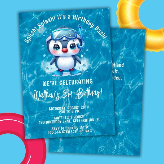 Splish Splash Boy Penguin Zwembad Verjaardagsfeest Kaart