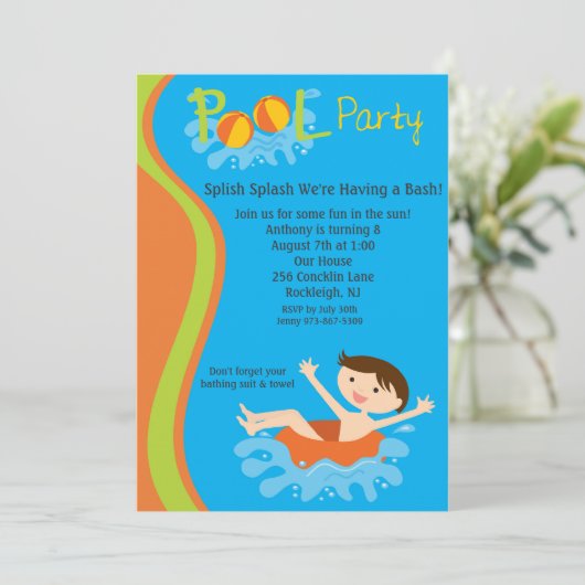 Splish Splash Boys Pool Party Birthday Invite Kaart (Staand voorkant)