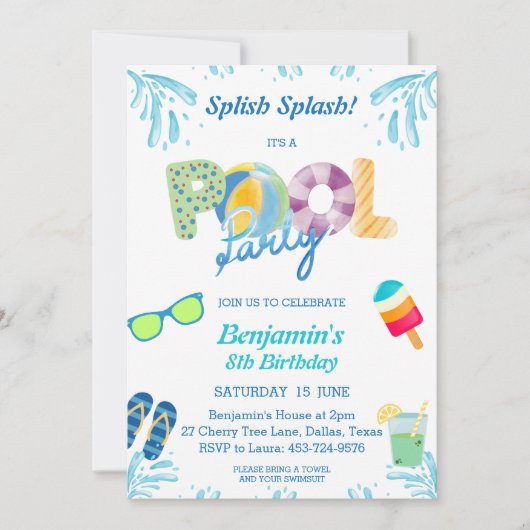 Splish Splash Boys Verjaardag Zwembad Party Uitnod Kaart (Voorkant)