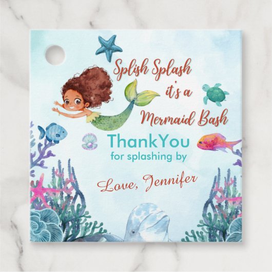 Splish Splash Bruine Zeemeermin Bash Dank u Bedankjes Labels (Voorkant)